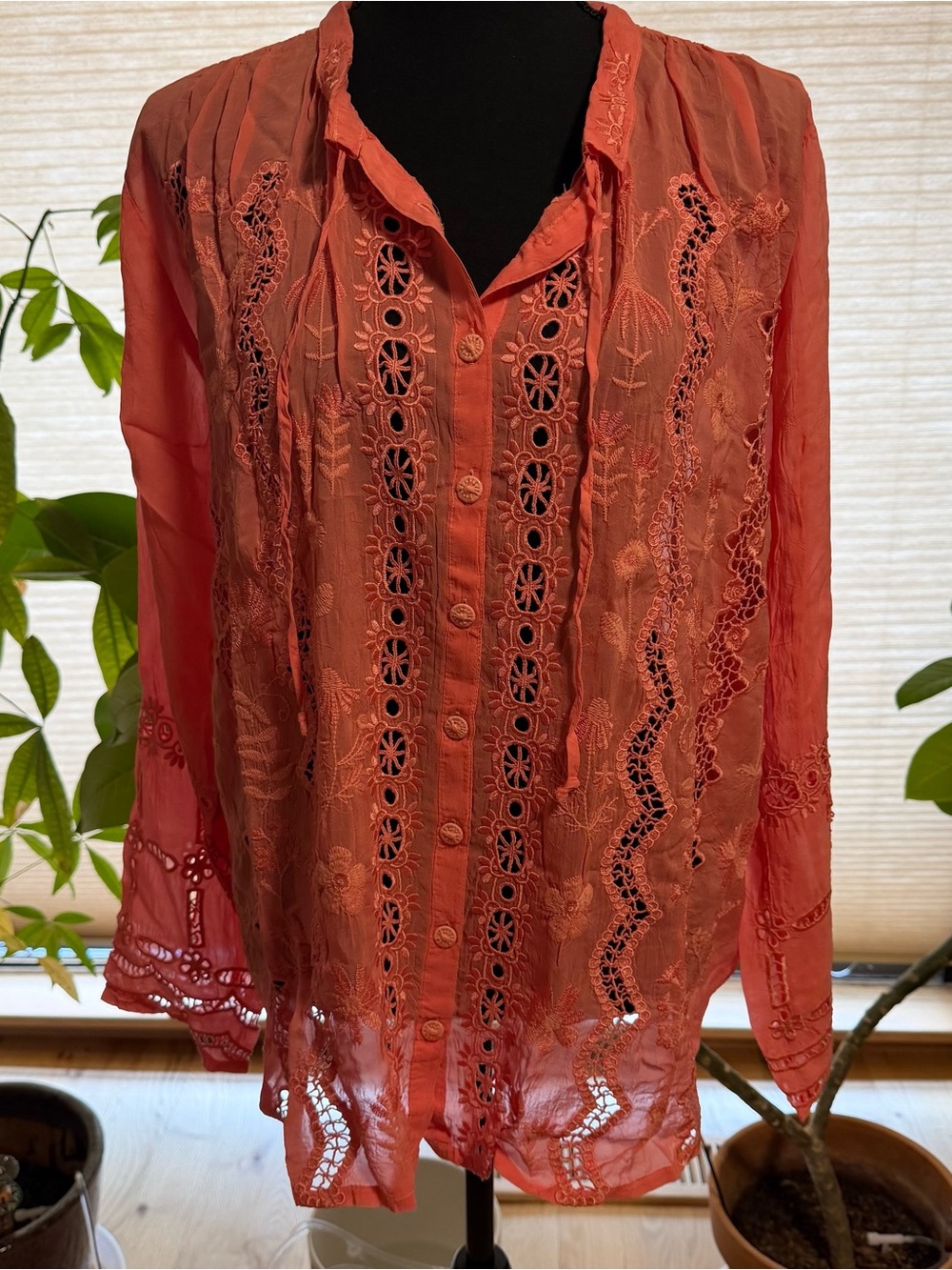 Johnny Was Coral Eyelet Embroidered Button-Up Blouse